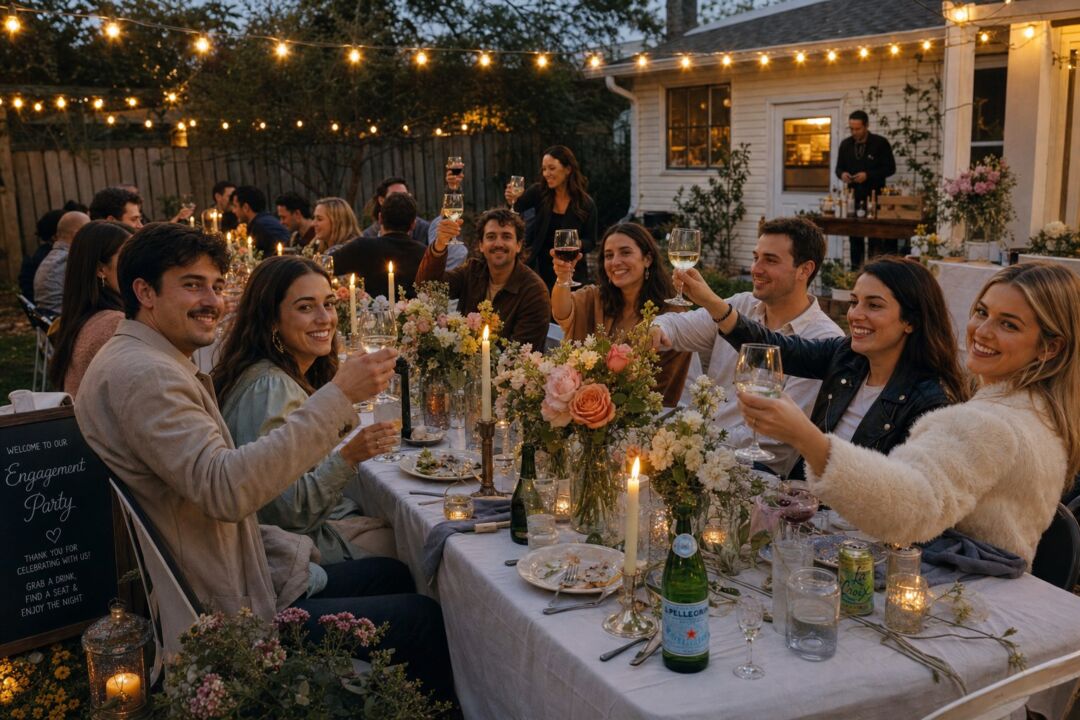 A warm evening backyard engagement party with a long table set with candles and flower centerpieces.