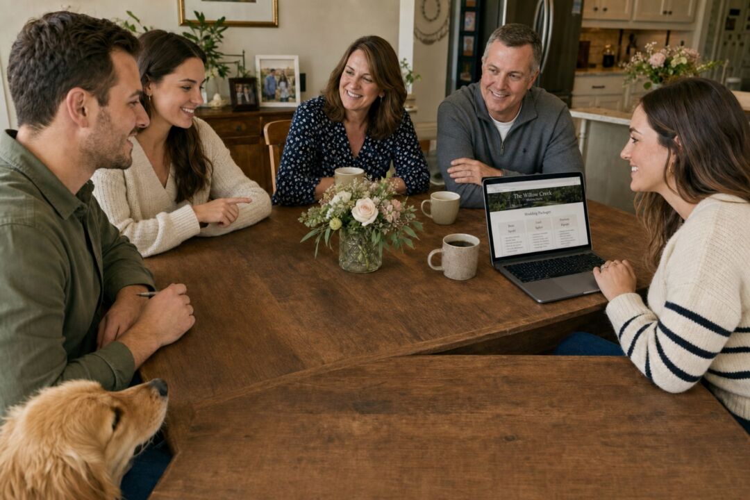 Two families around a timber kitchen table compare a venue's wedding package options on a laptop over coffee