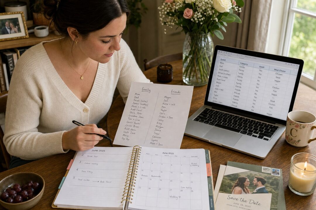 A woman reviews wedding guest lists and a digital spreadsheet while planning at a wooden desk decorated with flowers and stationery.