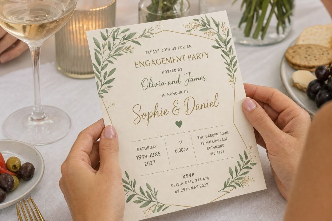 An engagement party invitation dated Saturday 19th June 2027 on textured paper with an olive branch motif, its reply line asking for RSVPs by 29th May.