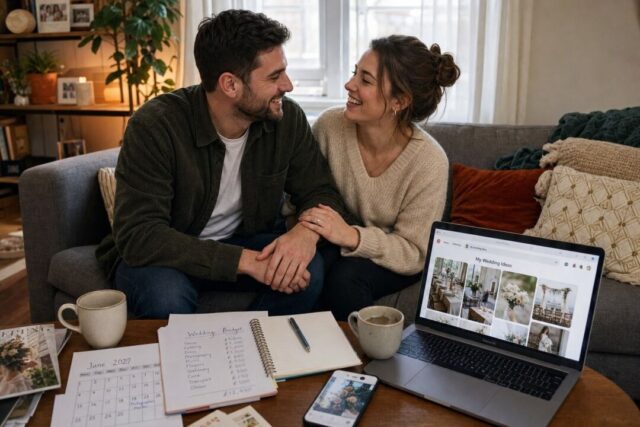 An engaged couple sitting together on a couch, looking at each other and laughing, one partner's hand resting on the other's with a ring visible.