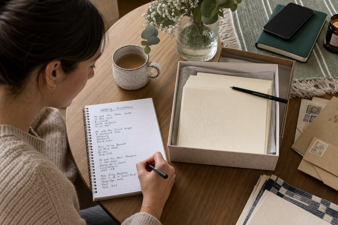 A handwritten list of names and addresses on a notepad beside an open box of cream stationery cards, a pen resting across the top.