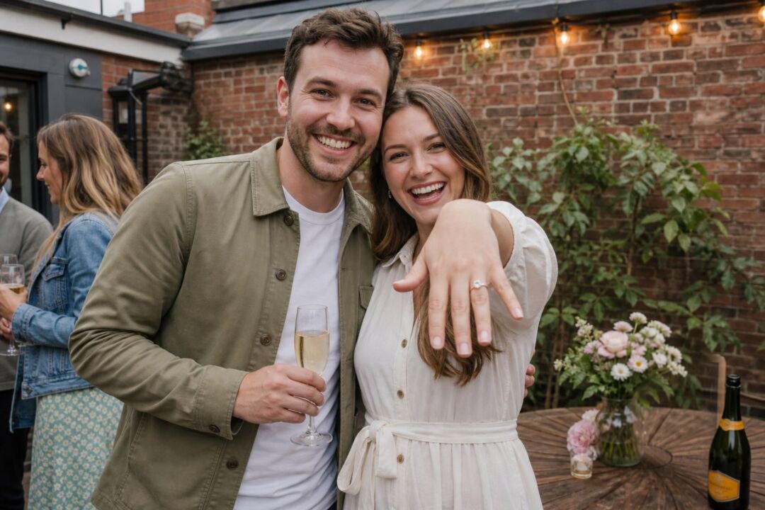A newly engaged couple laughing in a garden as the woman holds out her hand to show her engagement ring.