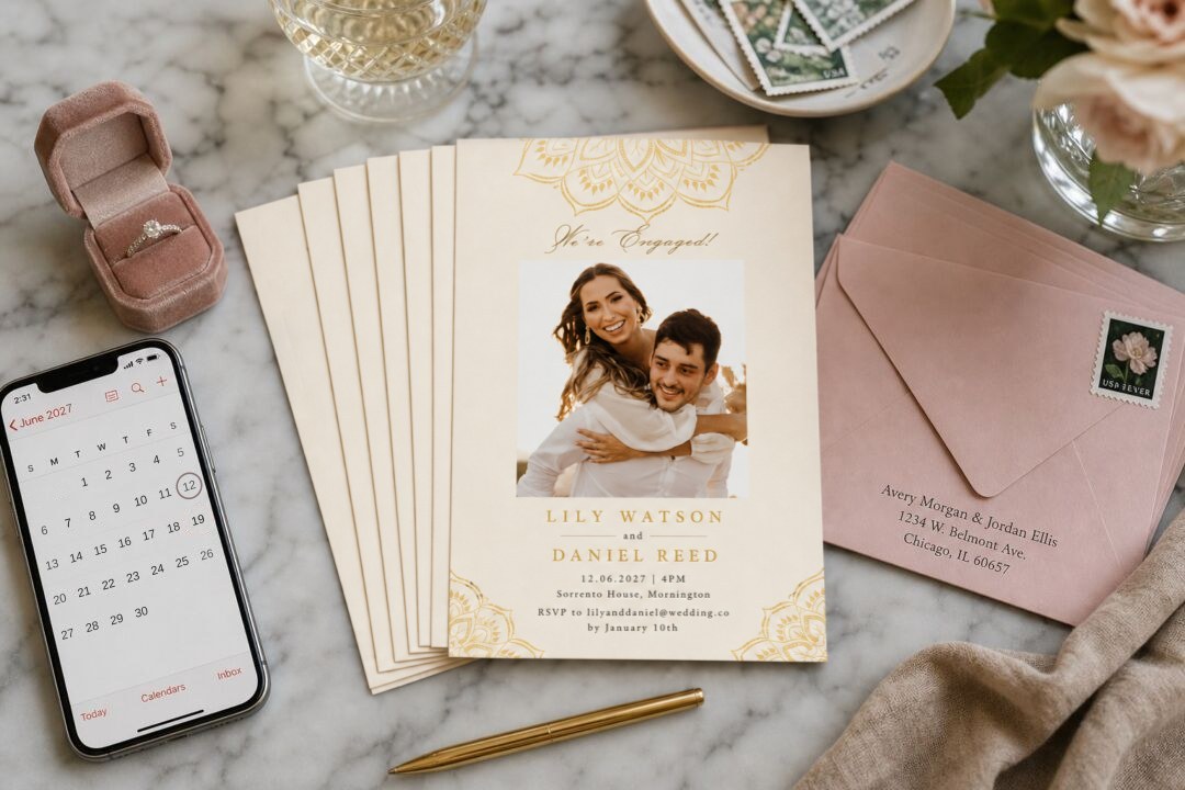 A fanned stack of Paperlust Mandala engagement photo cards on marble beside a phone showing a June 2027 calendar with the 12th circled.