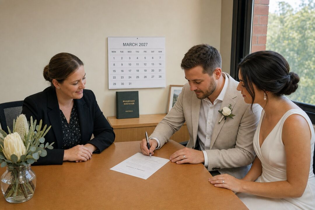 A couple signing a marriage certificate at a small civil registry office, a registrar seated across the desk.