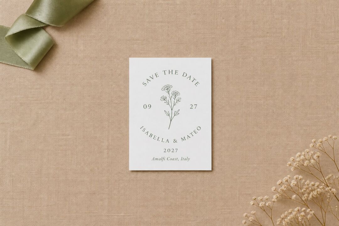 A Paperlust Visco Garden save the date printed in sage green, photographed flat from overhead on sand linen with an olive ribbon and dried baby's breath.