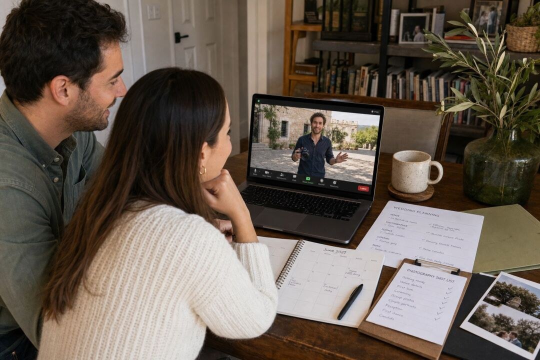 A couple watches a video call on a laptop at a wooden desk surrounded by wedding planning documents and printed stationery.