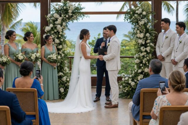 A couple exchanging vows at an open-air ceremony pavilion overlooking the ocean at a tropical resort.