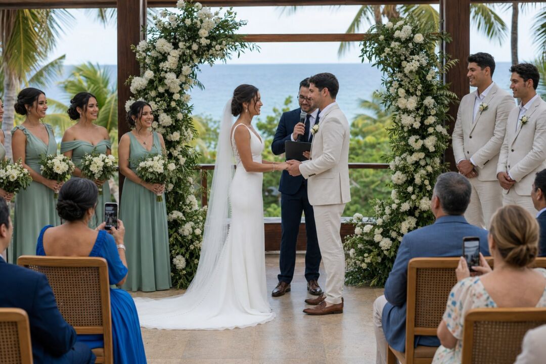 A couple exchanging vows at an open-air ceremony pavilion overlooking the ocean at a tropical resort.