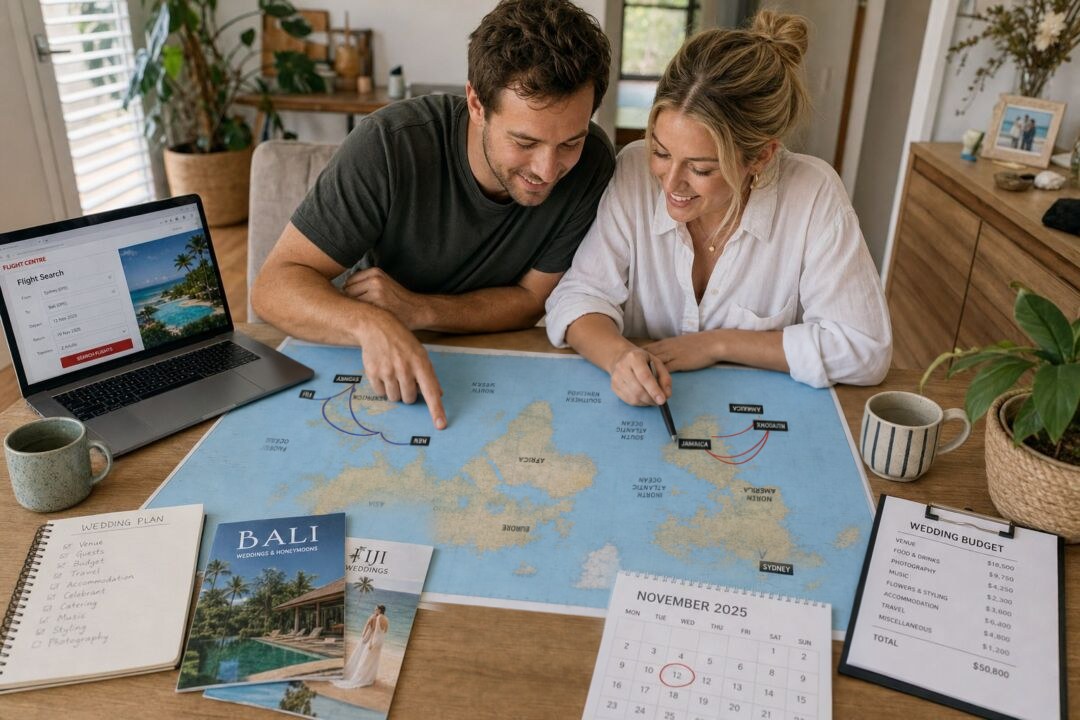 A couple leaning over a large world map spread across their dining table, tracing flight routes to Sydney, Fiji and Bali, with a laptop.