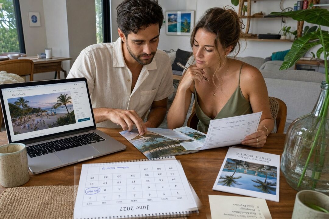 A couple at a table comparing a desk calendar and a Costa Norte venue brochure, both turned towards them.