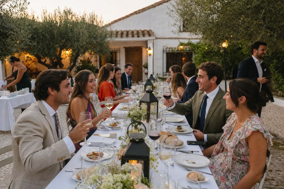 A long outdoor dinner table set for a small wedding reception at a Spanish villa, with lanterns, white linens, olive trees.