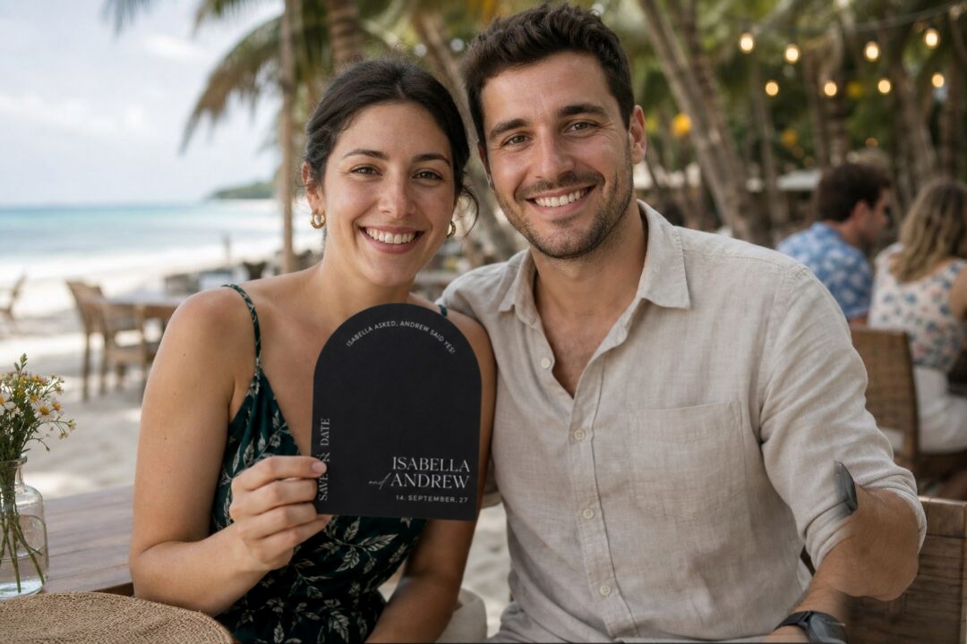 A couple smiles at a beachside venue while holding a black wedding fan with their names and date printed on it.