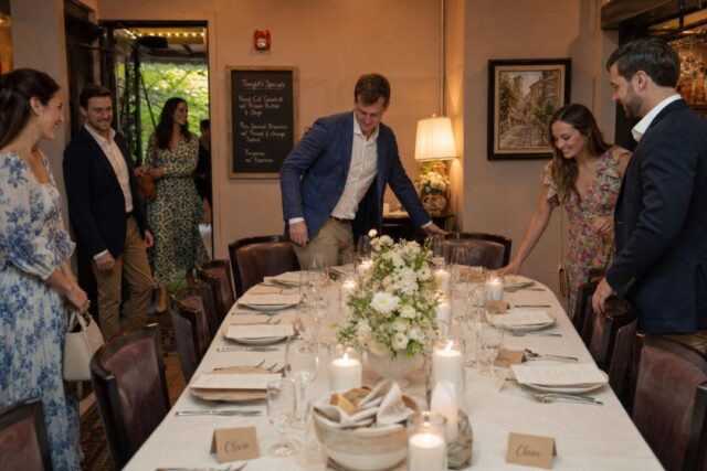 A long rectangular table set for an intimate rehearsal dinner in a warmly lit restaurant private dining room.