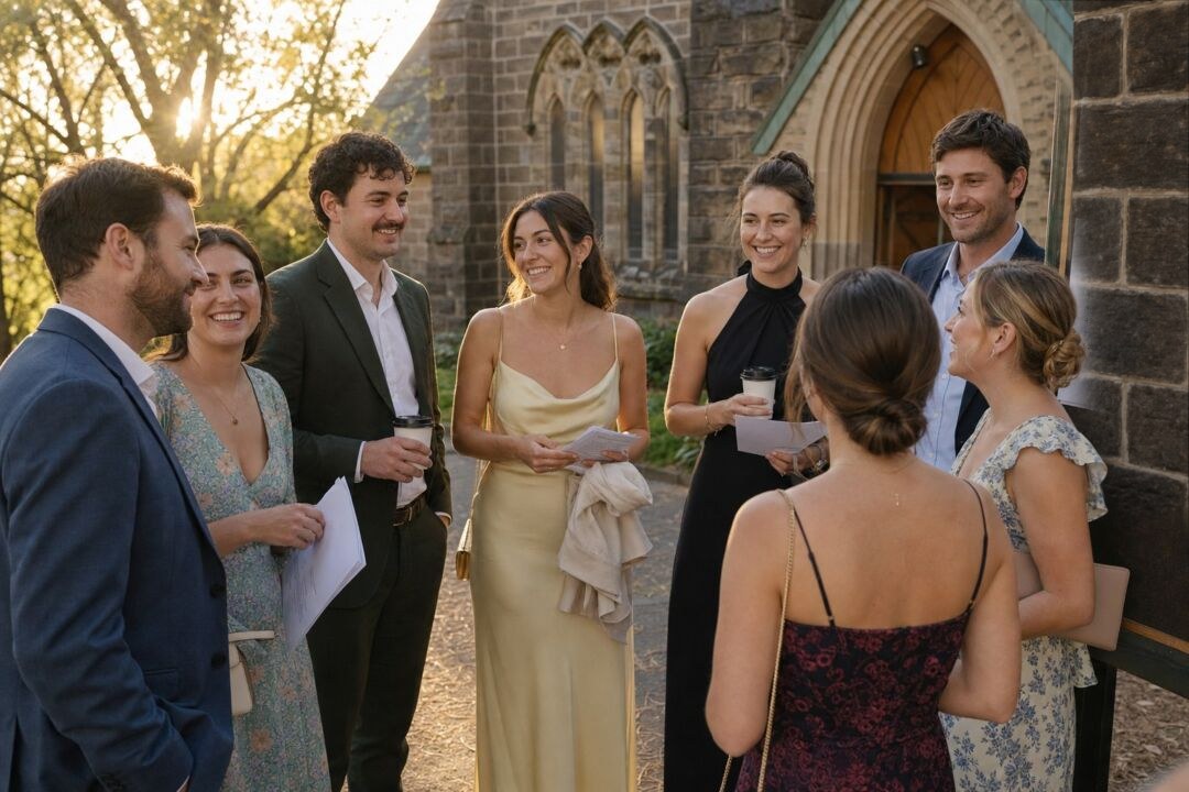 Wedding guests in formal dress talking outside a bluestone church at golden hour, holding order-of-service cards and coffee cups.