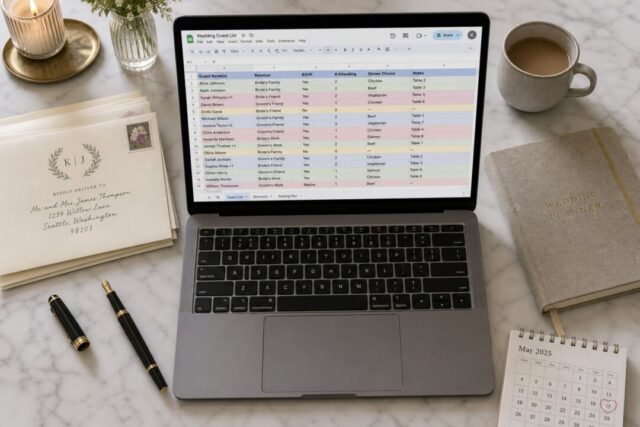 A laptop displays a wedding guest list spreadsheet surrounded by invitations, stationery, coffee, and a May 2025 calendar on a marble desk.