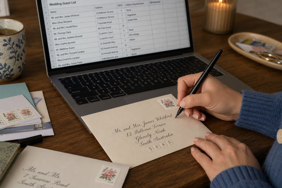 Close-up of a hand in a blue cardigan writing a formal address in black ink calligraphy on a cream envelope.