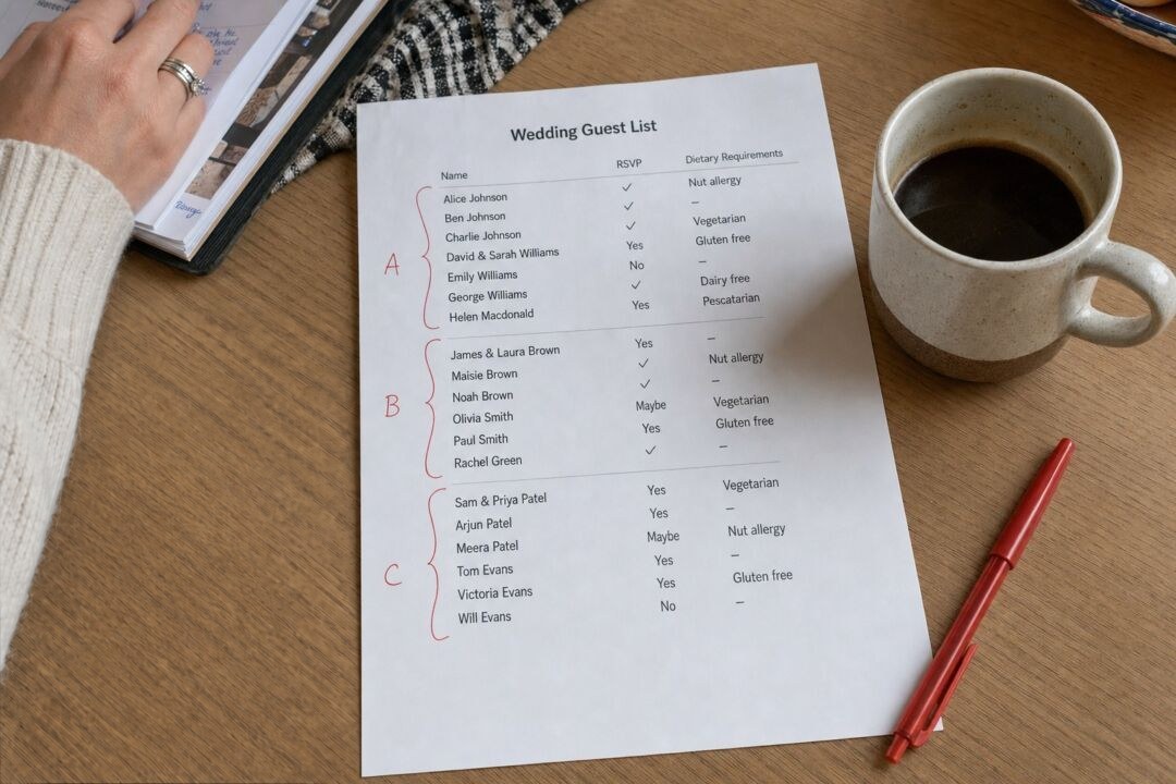 A printed wedding guest list on an A4 sheet on a wooden table, names bracketed into household groups in red pen.