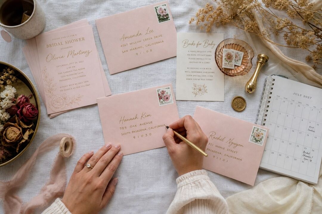 A bridal shower invitation for Olivia Martinez dated Saturday July 24 2027, with addressed blush envelopes and a spiral planner open at July.