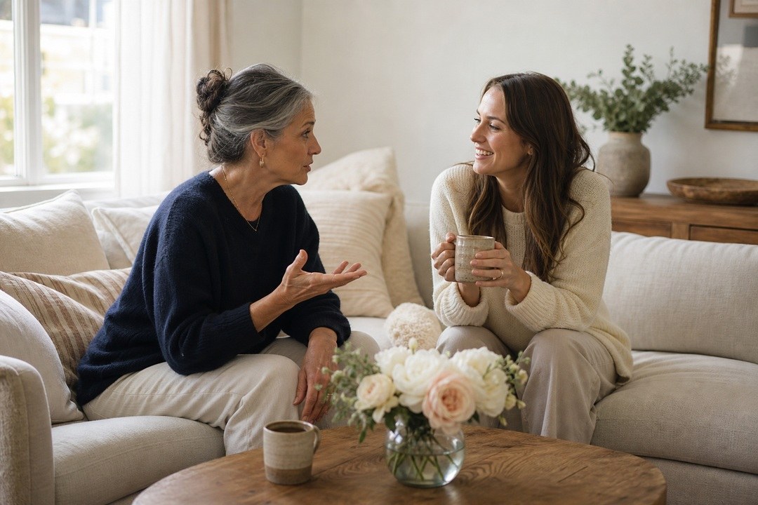 Two women sit on a cream sofa having a conversation, with a vase of peach roses on the wooden table in front of them.