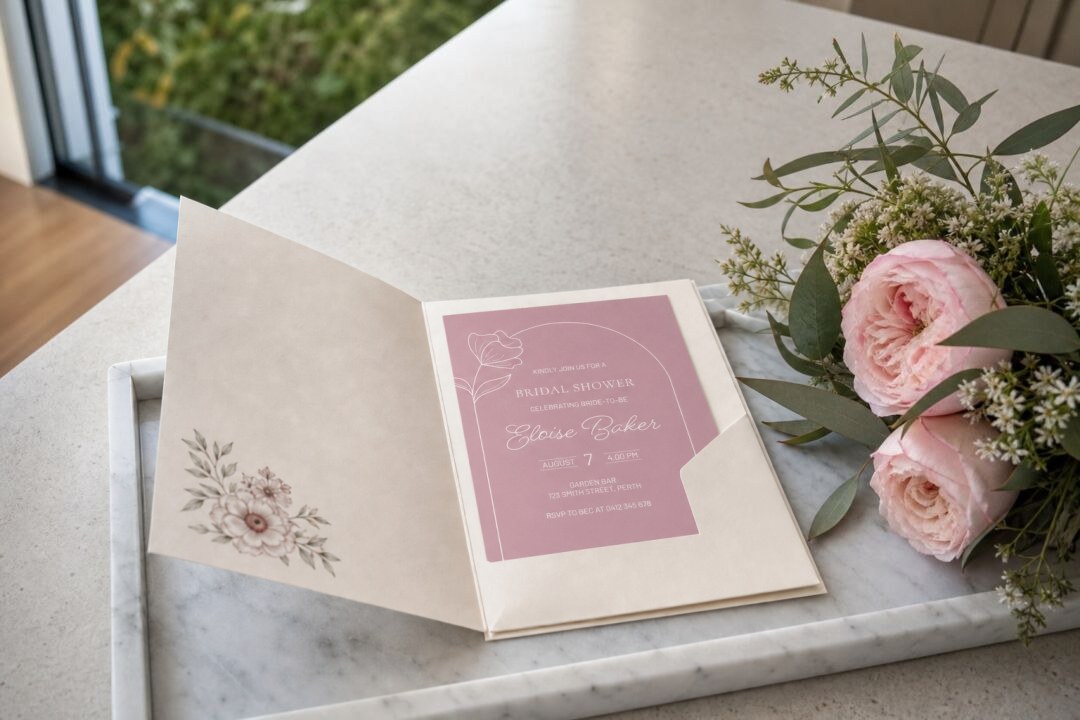 An open bridal shower invitation with mauve text sits on a marble tray beside pink garden roses and greenery.