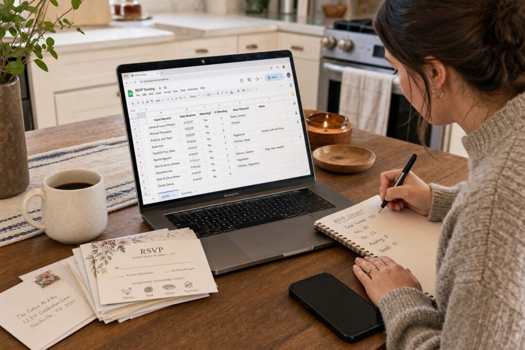 An RSVP card asking guests to reply by April 1 2027, beside a laptop showing an RSVP tracking spreadsheet with replies logged through March.