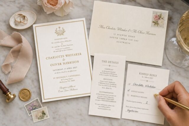 A wedding invitation suite dated Saturday 17 April 2027, with a details card and a reply card, laid on pale linen.