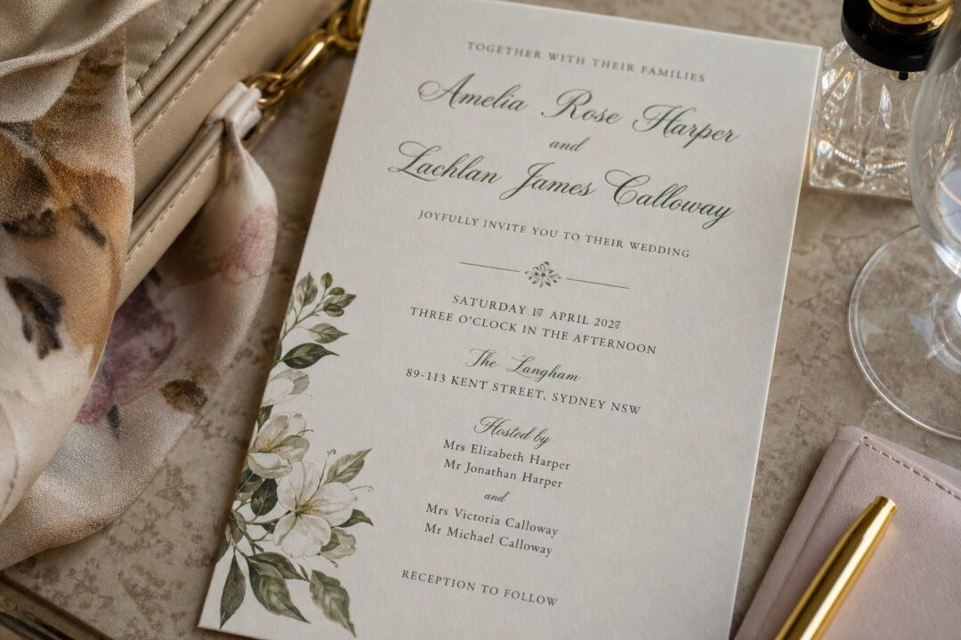 A wedding invitation for Amelia Rose Harper and Lachlan James Calloway dated 17 April 2027 at The Langham, Sydney.