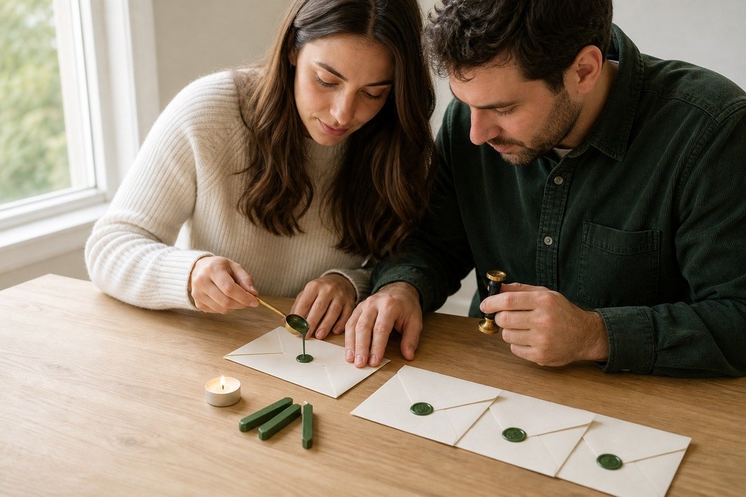 A couple seated at a wooden table adorns cream-colored cards with green wax seals using a brush and gold tool.