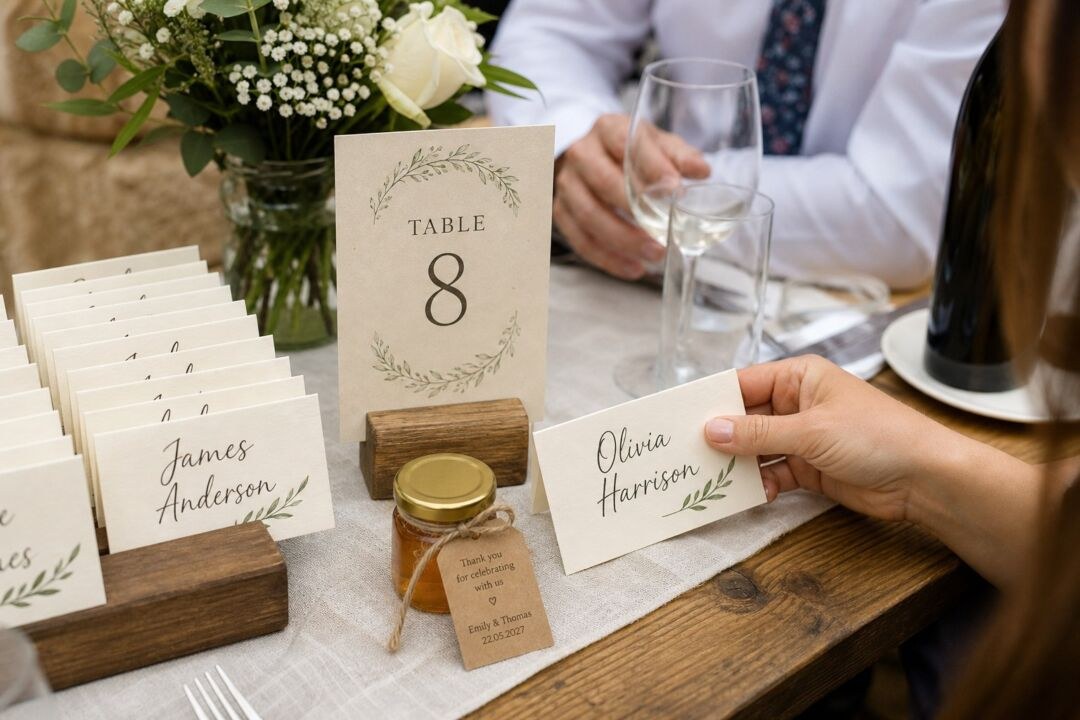 A kraft favour tag reading thank you for celebrating with us, Emily and Thomas, 22.05.2027, tied to a honey jar.