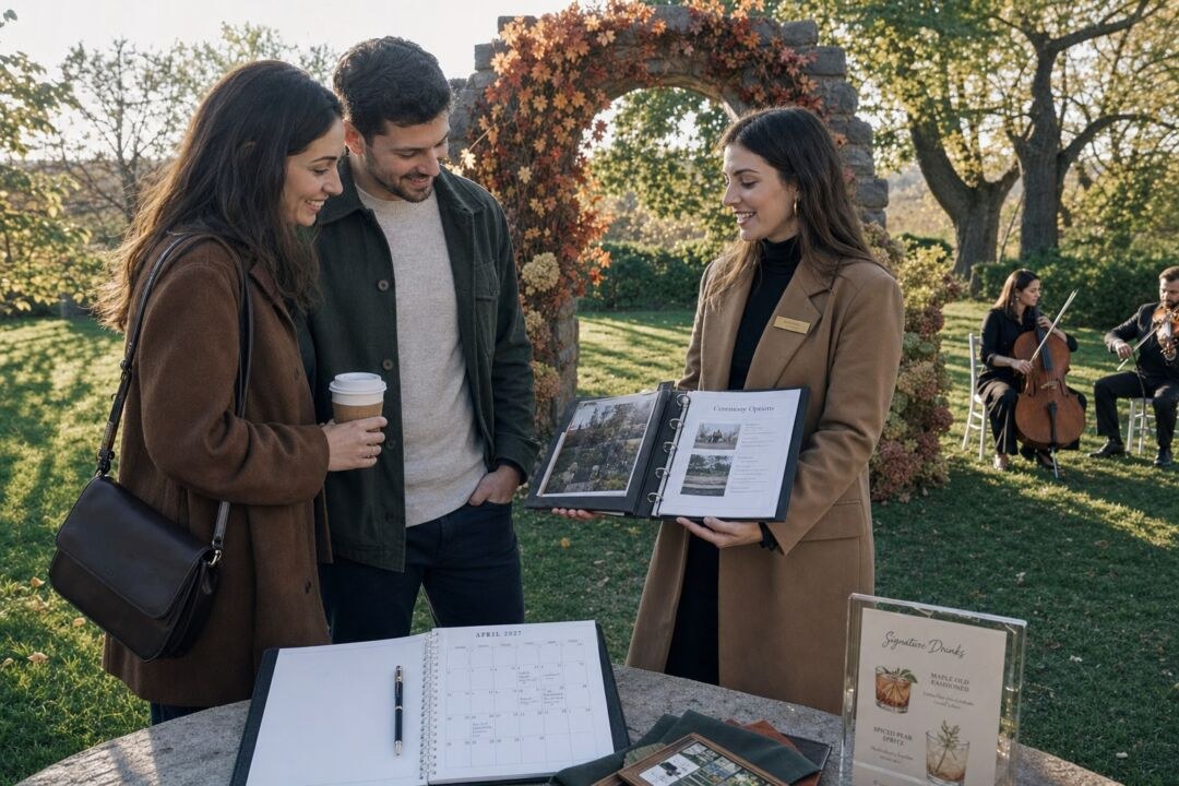 An open spiral wedding planner headed April 2027 on a marble bench, beside a pen, folded linens and a framed photo.