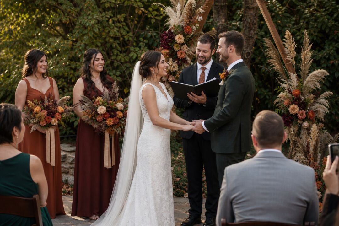 A bride and groom exchange vows before an officiant at an outdoor ceremony with autumn floral arrangements and greenery.