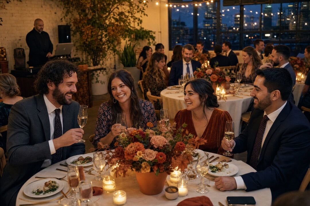 Elegantly dressed guests enjoy dinner at a candlelit table decorated with autumn flowers in a modern venue with city lights visible.