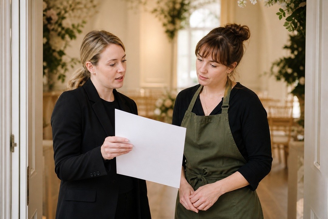 A woman in a black blazer holds a blank white card while speaking with a woman wearing an olive apron in an elegant cream-colored hallway.