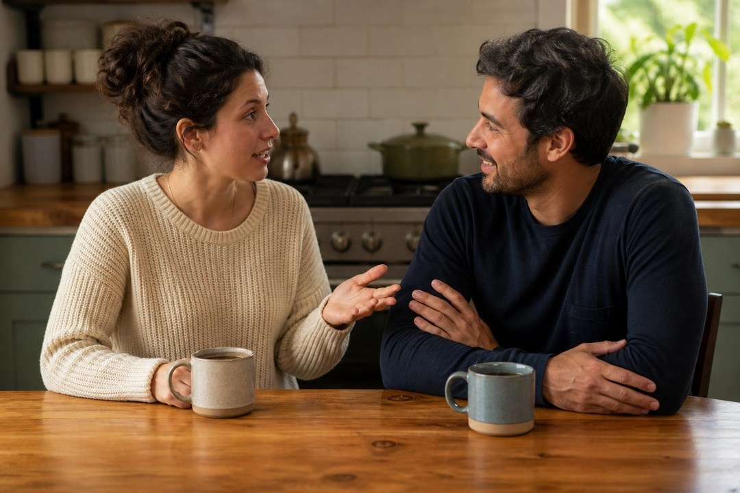 A couple sits at a wooden table in a modern kitchen, smiling while having a conversation over coffee.
