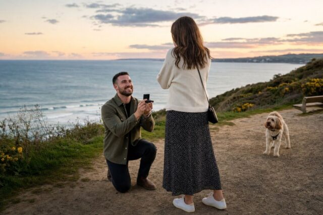 A man kneels on a coastal path holding an open ring box while a woman in a cream sweater and patterned skirt stands before him at sunset.