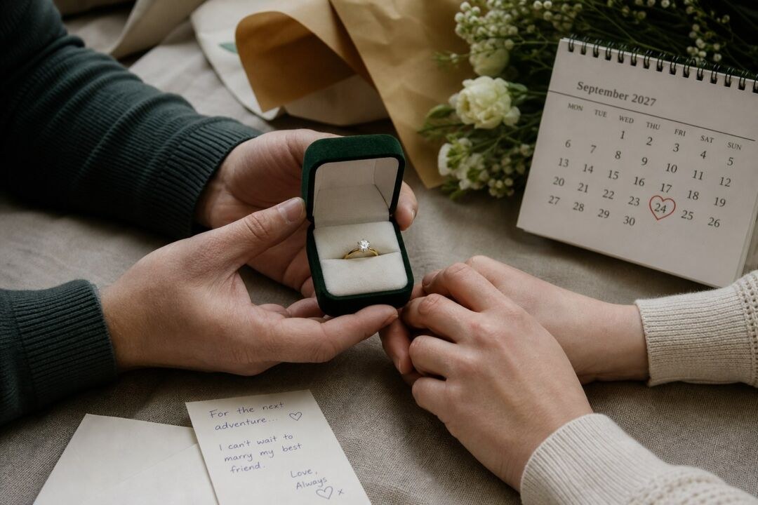 A desk calendar open at September 2027 with the 24th ringed in a hand drawn heart.