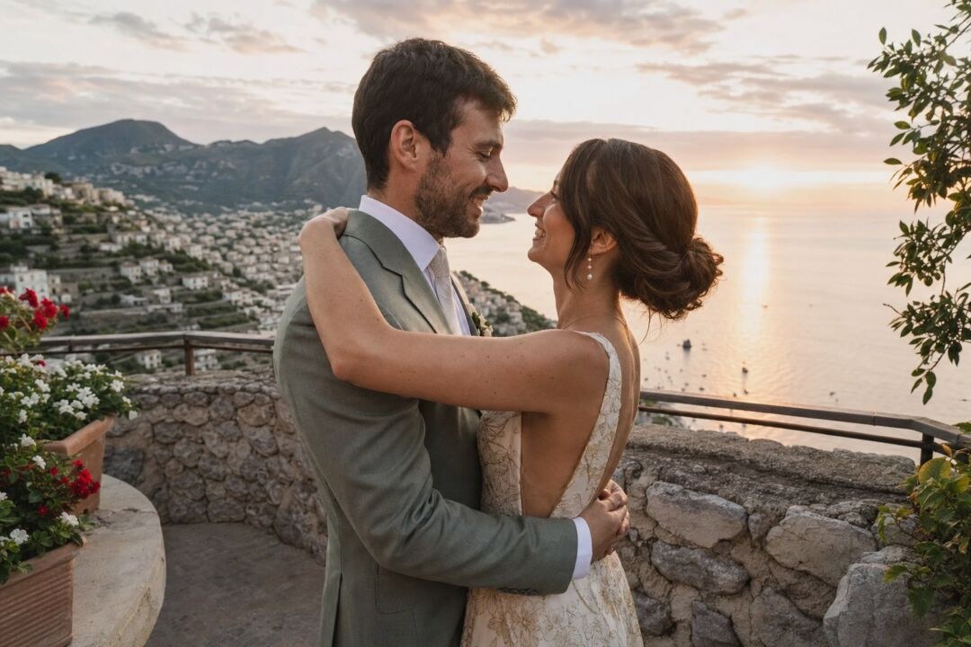 A bride and groom embrace on a terrace overlooking a Mediterranean coastline at sunset.