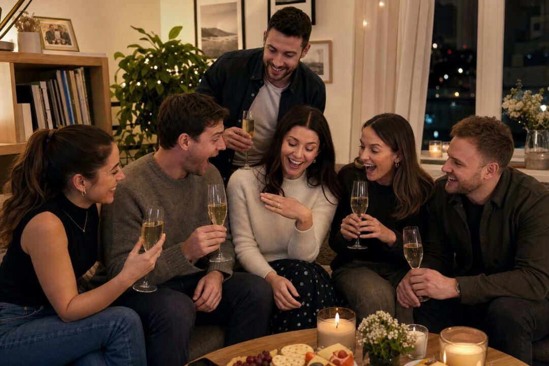 A group of six smiling friends gather indoors holding champagne glasses in a warmly lit living room decorated with plants and framed artwork.
