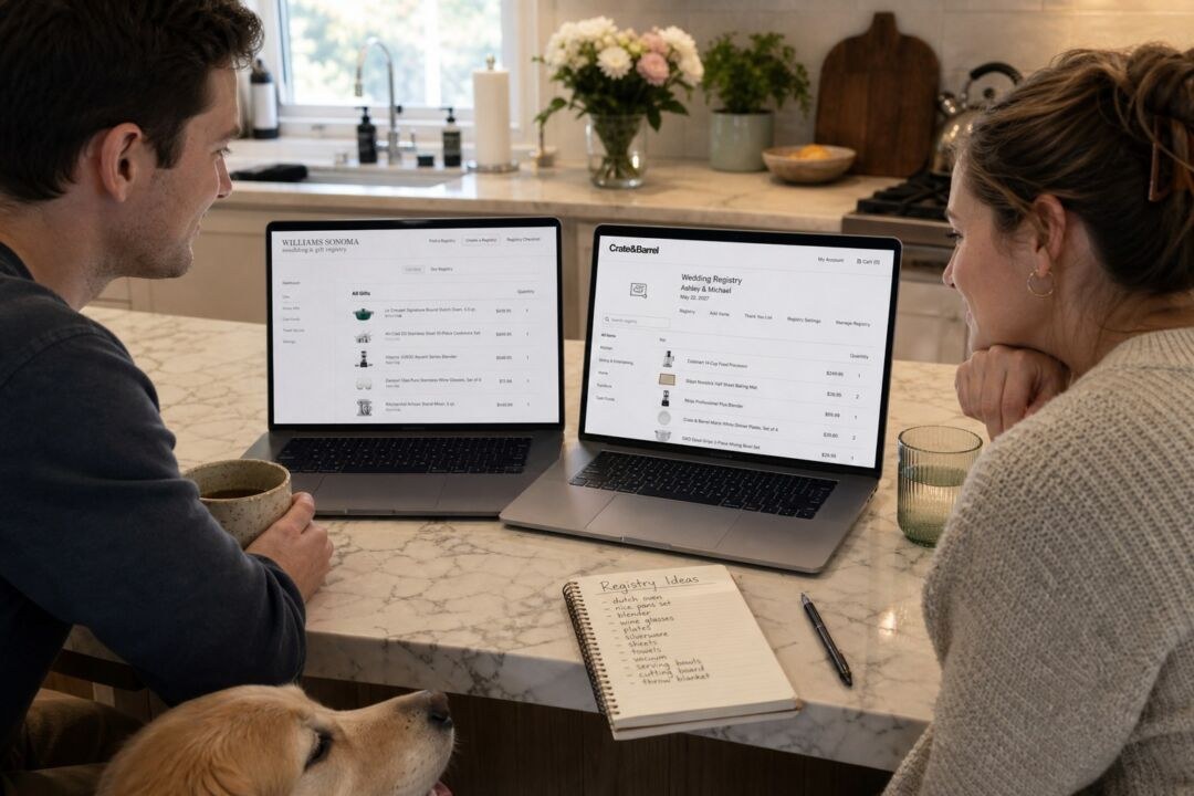 A couple at a table comparing wedding registry pages on two laptops, the right-hand screen showing their registry dated May 22 2027.
