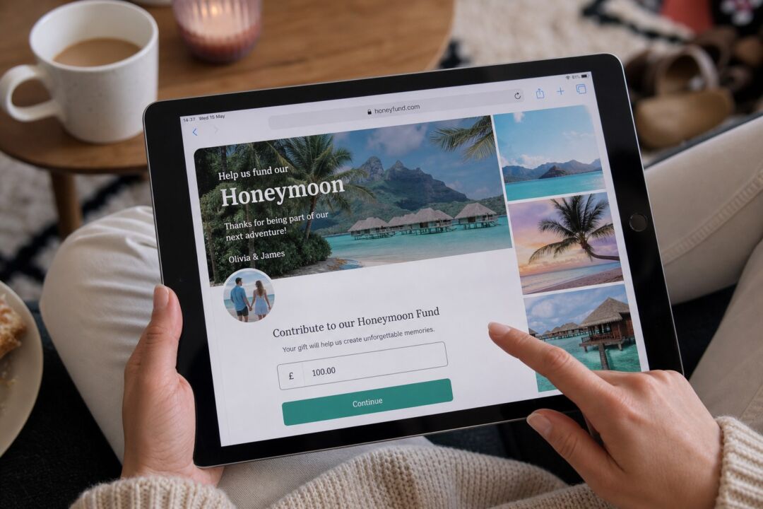 A person holds a tablet displaying a honeymoon fund website with tropical beach images and a £100 donation field.