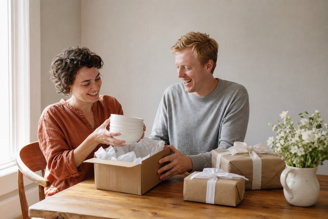 A couple sits at a wooden table examining white bowls from a kraft box, surrounded by wrapped gifts and white flowers.