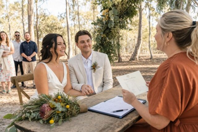A bride and groom exchange vows with an officiant at an outdoor woodland ceremony decorated with greenery and flowers.