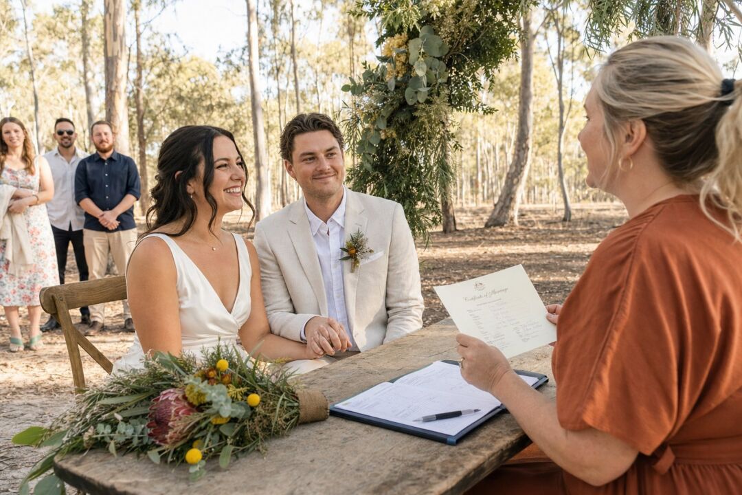 A bride and groom exchange vows with an officiant at an outdoor woodland ceremony decorated with greenery and flowers.
