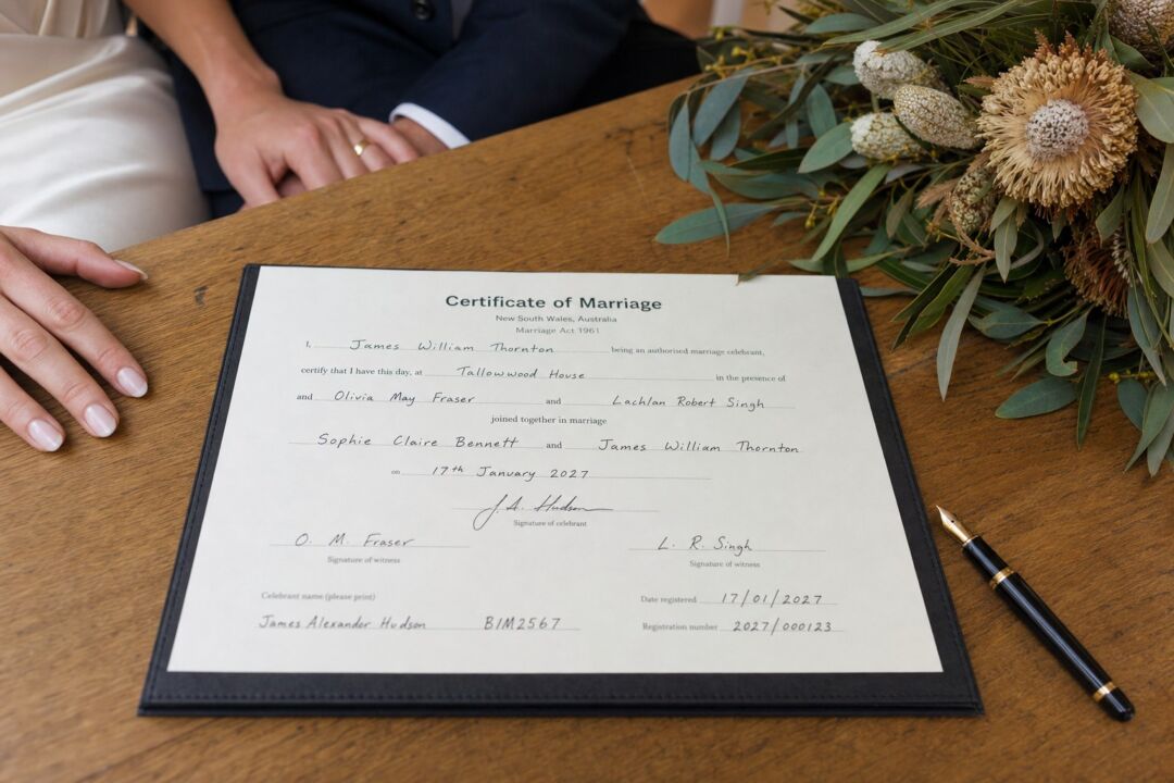 A Certificate of Marriage document lies on a wooden table next to dried flowers and a pen, with hands visible above it.