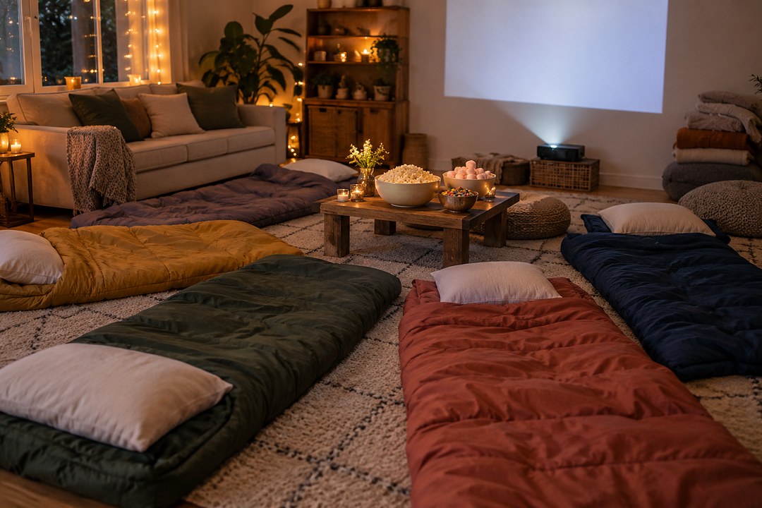Five sleeping bags surround a low wooden table of popcorn and sweets on a cream rug, with fairy lights at the window.