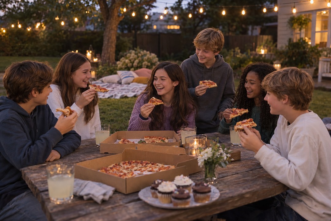 Six teenagers laugh and eat pizza around a picnic table at dusk, with lemonade, cupcakes, and string lights overhead.