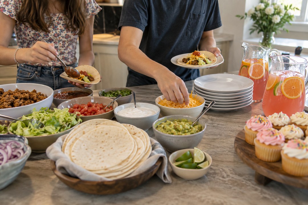 A taco bar on a stone counter holds bowls of mince, salsa, guacamole, tortillas, and pink punch as two teenagers fill tacos.