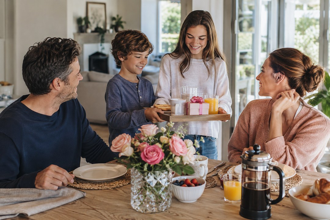 A boy and a teenage girl carry a wooden tray with toast, juice and a pink gift box toward their smiling parents at a breakfast table.
