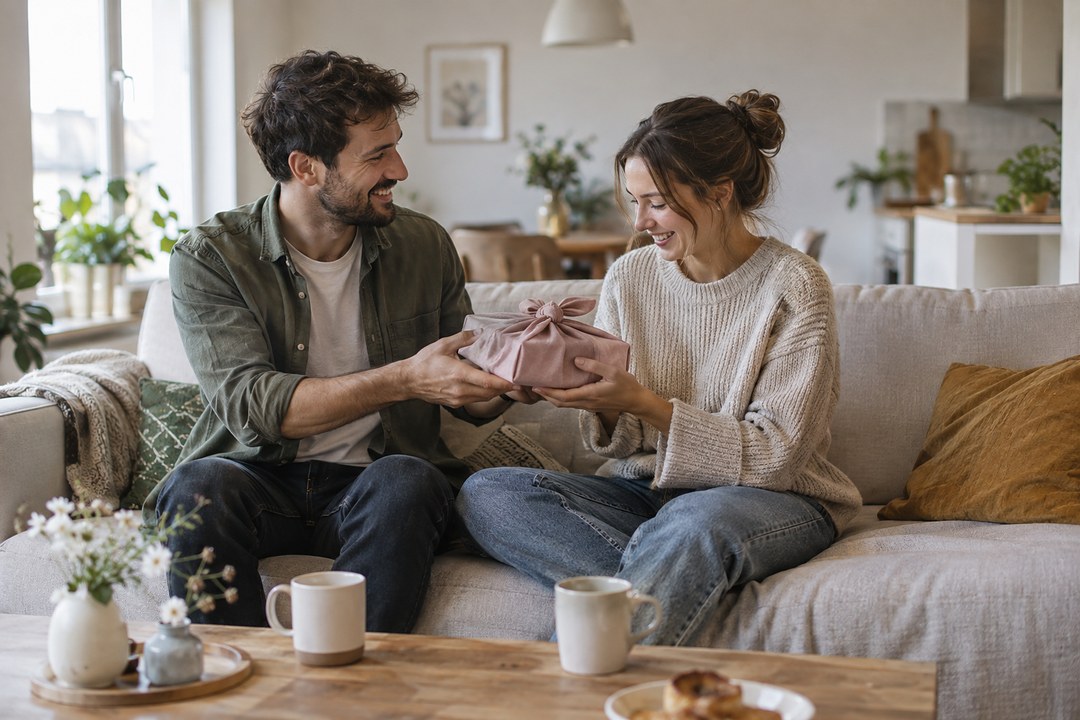 A man in a green shirt hands a gift wrapped in pink cloth to a smiling woman in a cream sweater on a pale sofa near a wooden table.